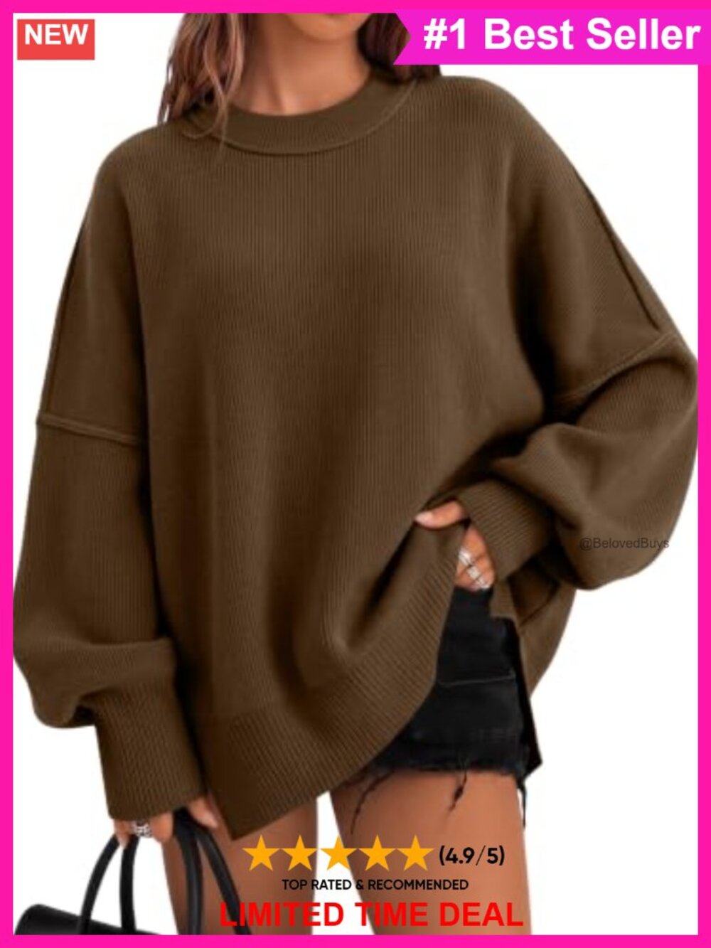 Oversized Crewneck Sweater Long Sleeve Tunic Pullover with Split Hem